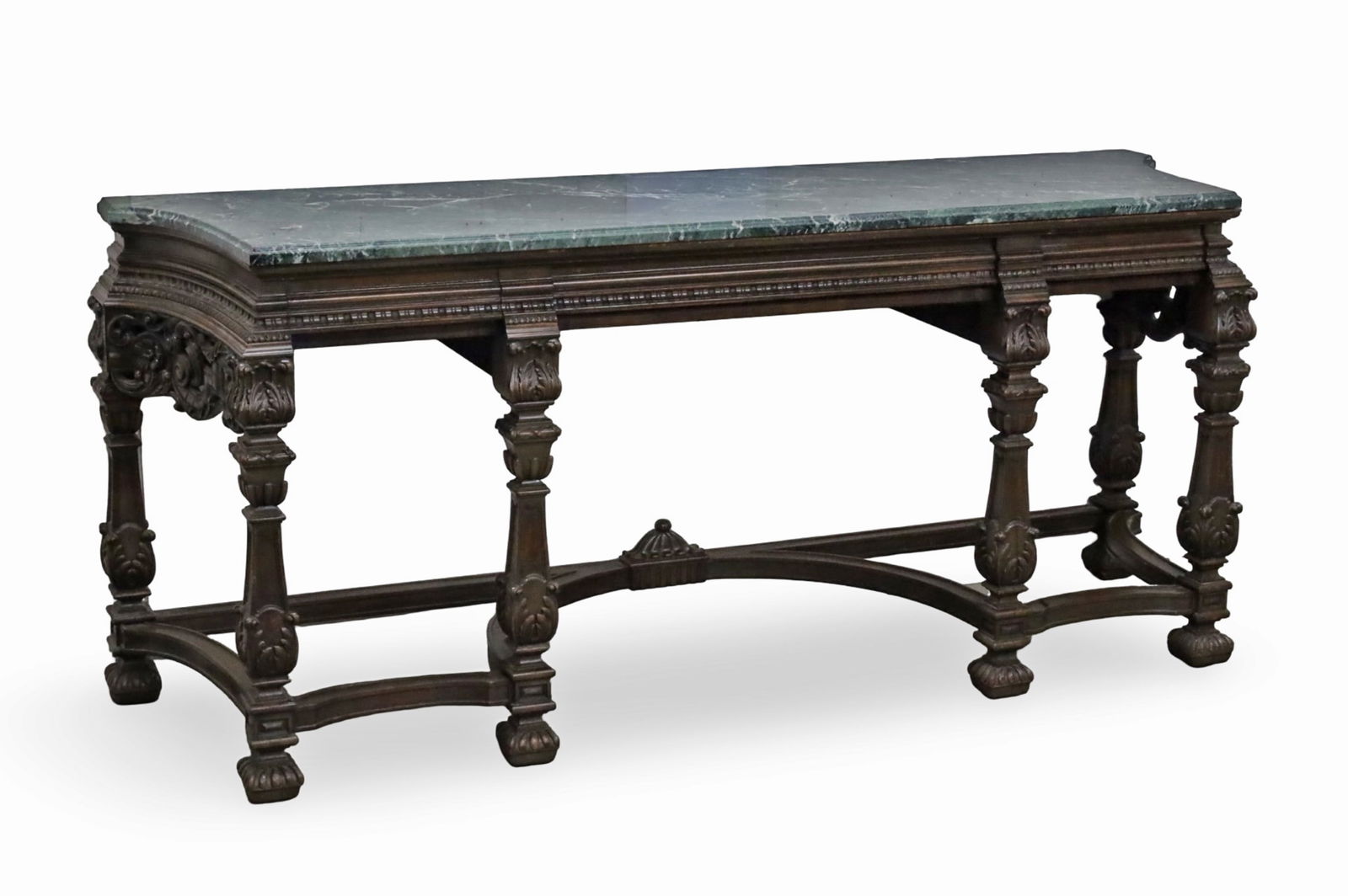 FRENCH RENAISSANCE REVIVAL MARBLE TOP CONSOLE: French Renaissance Revival console table, having varieated green marble top, late 19th century; 36"H 81"W 22.5"D