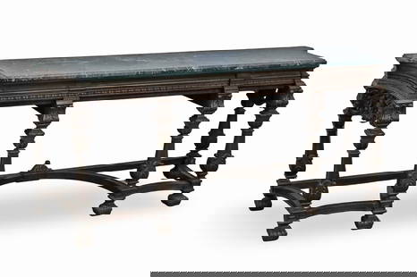 FRENCH RENAISSANCE REVIVAL MARBLE TOP CONSOLE: French Renaissance Revival console table, having varieated green marble top, late 19th century; 36"H 81"W 22.5"D