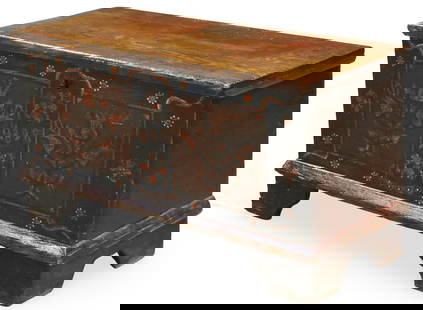 CONTINENTAL PAINTED BLANKET CHEST, 19TH C.: Continental painted pine blanket chest, dated 1898 on front; 26.5"H 50"W 22"D