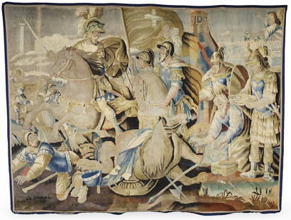 17TH C. FLEMISH TAPESTRY, BATTLES OF ALEXANDER: Impressive Flemish wool tapestry depicting Alexander the Great and his armies in battle, 17th century or earlier; 91"H 120"W