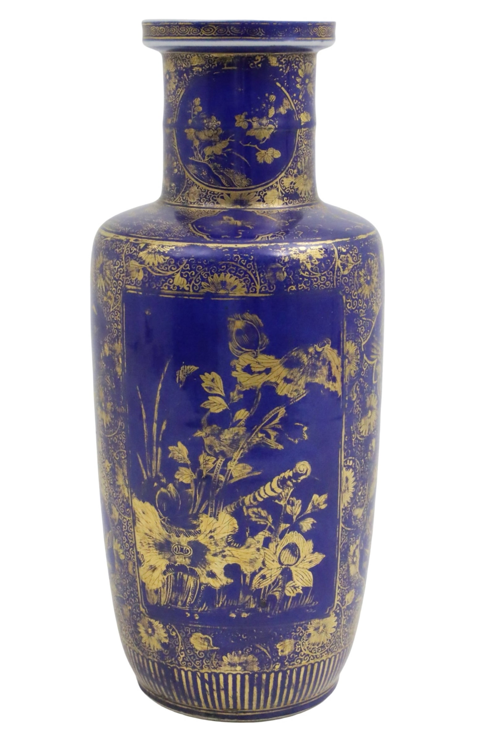 CHINESE PORCELAIN ROULEAU VASE, KANGXI PERIOD: Chinese porcelain rouleau vase, powder blue glaze with gilt overlay, cobalt double ring mark underglaze on reverse, Kangxi period; 17"H; Condition: Hairlines observed on reverse, see photos