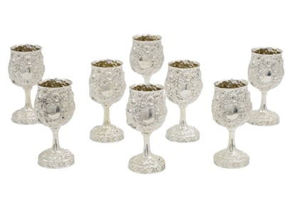 8 REPOUSSE STERLING SILVER GOBLETS, GALMER LTD