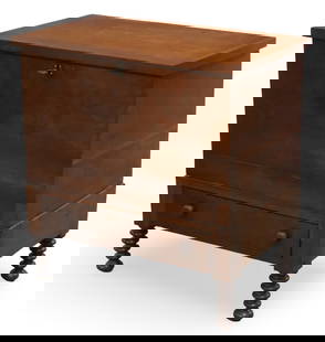 SOUTHERN CHERRY SUGAR CHEST, 19TH C.: Southern cherry sugar chest, having dovetailed rectangular case and single drawer, hinged lid revealing two compartments, raised on spool turned legs, 19th century; 31.5"H 30.5"W 18"D