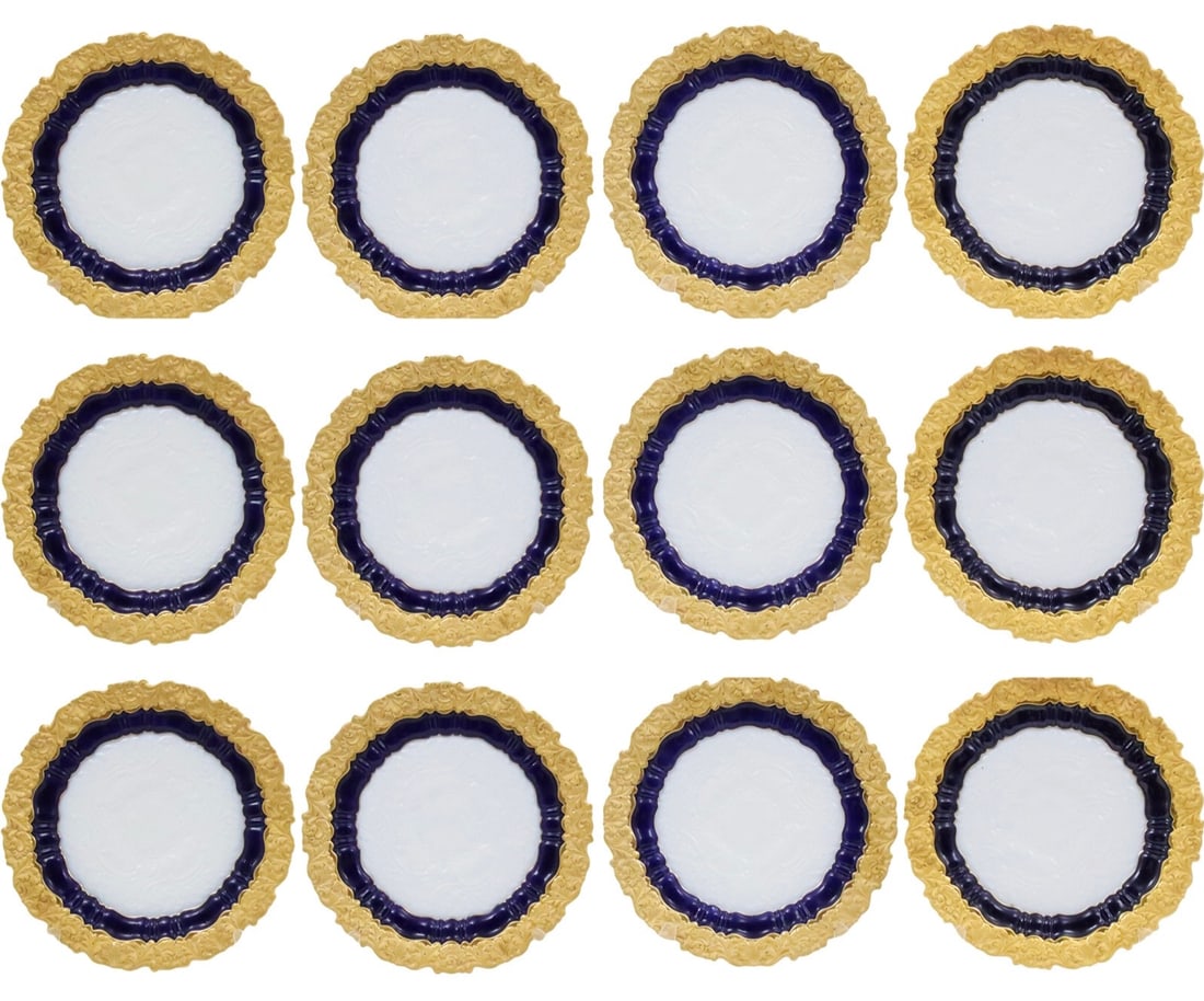 12 MEISSEN PORCELAIN GILT AND COBALT CHARGERS (1 of 4)