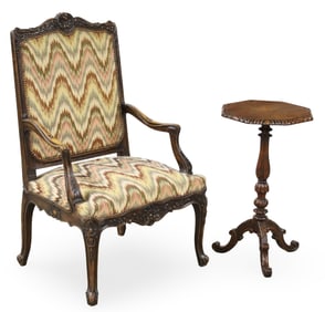 FRENCH CARVED WALNUT FAUTEUIL AND SIDE TABLE