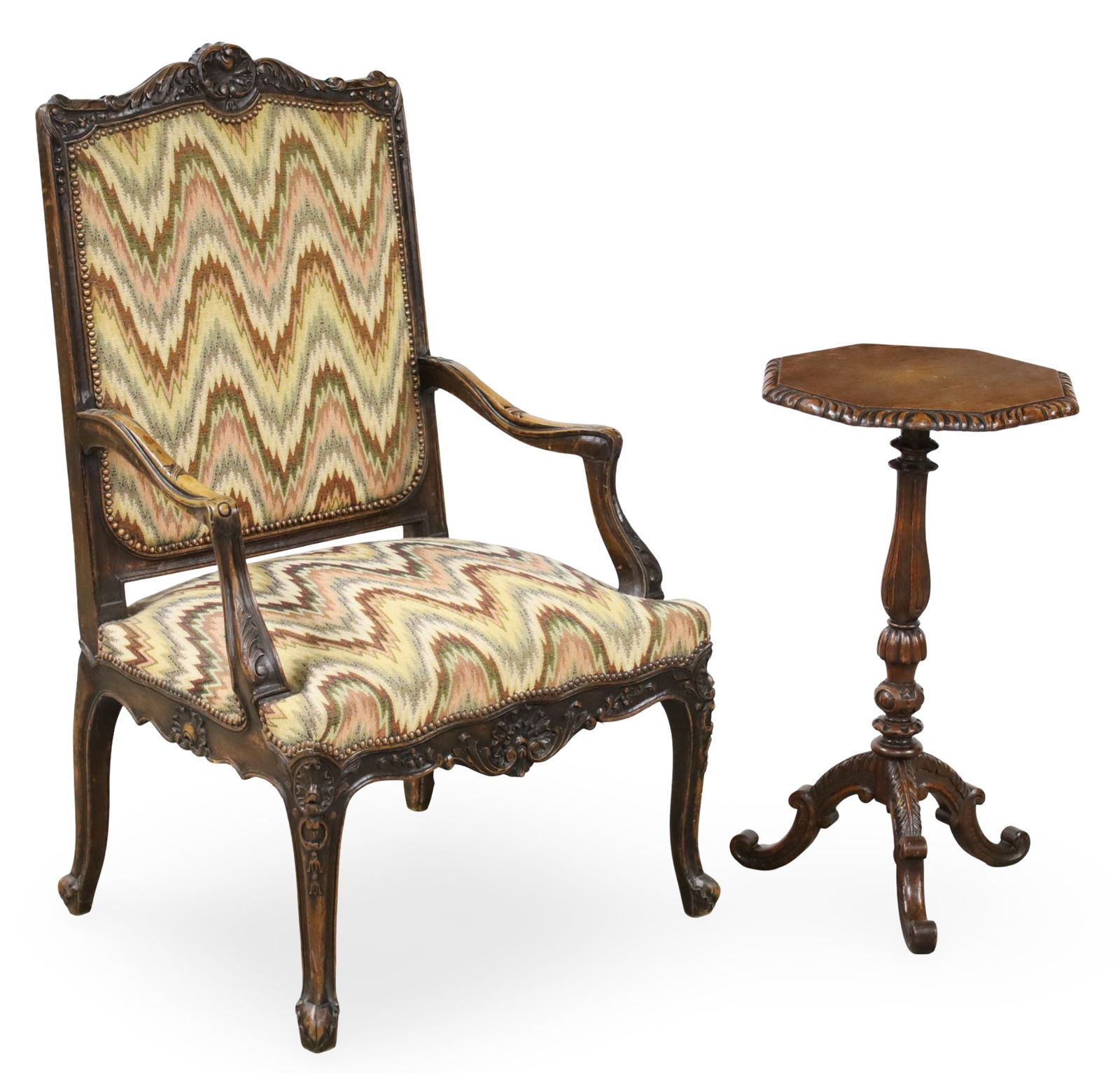 FRENCH CARVED WALNUT FAUTEUIL AND SIDE TABLE (1 of 7)