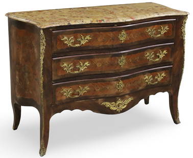 LOUIS XV STYLE INLAID MARQUETRY COMMODE: Louis XV style walnut and marquetry serpentine commode, having bookmatched satinwood with floral inlay, breccia marble top and gilt bronze mounts, 19th century; 34.5"H 50"W 21"D; Condition; losses to