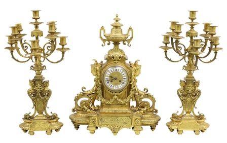 3 PC FRENCH GILT BRONZE CLOCK SET