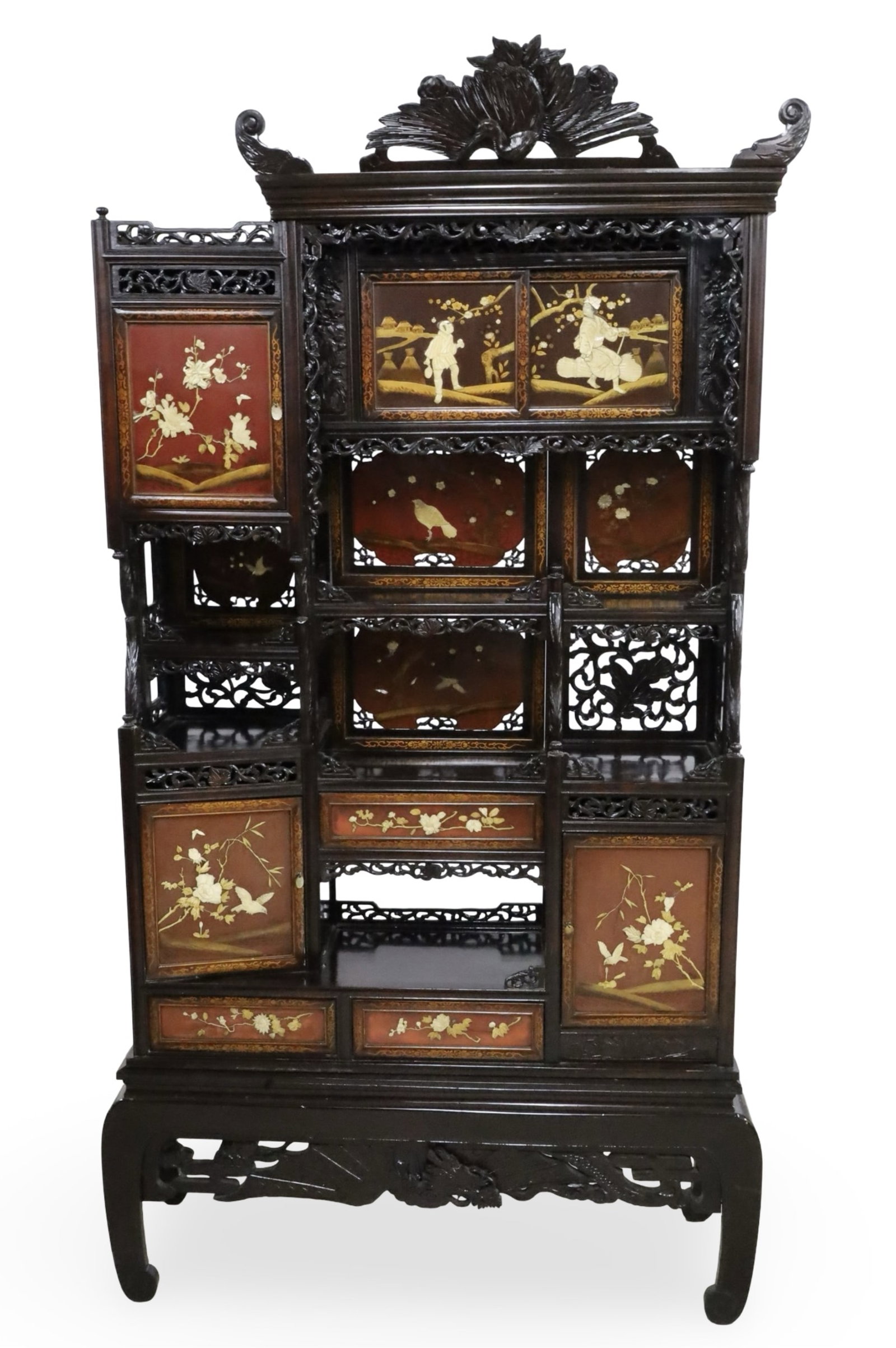 JAPANESE INLAID HARDWOOD SHODONA CABINET: Japanese carved hardwood Shodona cabinet having Shibayama inlaid panel doors, late Meiji period; 86"H 42"W 13"D
