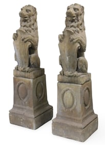 PR HERALDIC CAST STONE LIONS ON PLINTHS