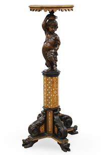 ITALIAN WALNUT INLAID TORCHIERE STAND, 19TH C.: Fine Italian walnut inlaid torchiere, the octagonal top supported by a robed putto standing on a conforming column, lowering to four scrolled acanthus legs on carved recumbent beast feet, 19th century