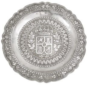 SPANISH COLONIAL SILVER CHARGER, 23 T.O.W.