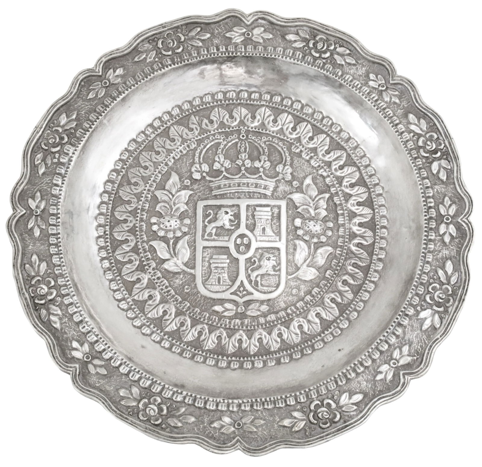 SPANISH COLONIAL SILVER CHARGER, 23 T.O.W. (1 of 3)