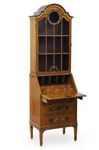 ADAMS STYLE SATINWOOD BUREAU BOOKCASE: Adams style diminutive satinwood bureau bookcase, having dome top with hand painted case, the lower cabinet with fall front secretaire, early 20th century; 79"H 23"W 16"D