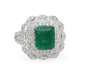 PLATINUM EMERALD AND DIAMOND RING WITH GIA