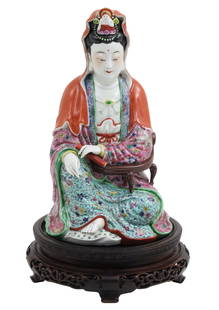 CHINESE FENCAI PORCELAIN GUANYIN, LATE QING: Chinese fencai porcelain of a Guanyin, artist impressed mark on reverse, late Qing, circa 1900; 13"H