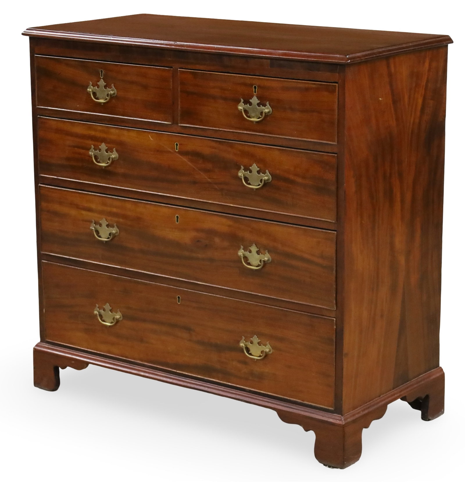 ENGLISH MAHOGANY CHEST OF DRAWERS, 19TH C.: English mahogany chest of drawers, having original pulls and locks, late 19th century; 42"H 43"W 20"D