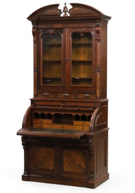 VICTORIAN BURL WALNUT CYLINDER SECRETARY BOOKCASE
