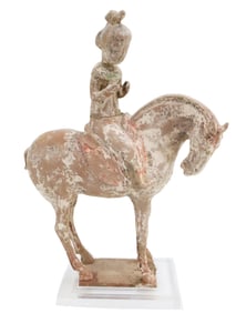 CHINESE POTTERY OF FEMALE EQUESTRIAN, TANG DYNASTY