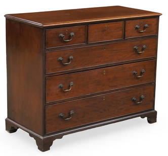 ENGLISH MAHOGANY CHEST OF DRAWERS, 19TH C.: English mahogany chest of drawers, having three drawers above three larger drawers, 19th century; 37"H 46"W 21"D; Condition: missing locks