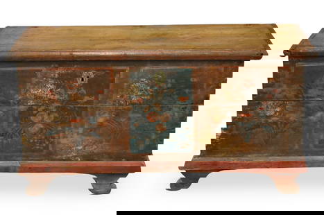 CONTINENTAL PAINTED BLANKET CHEST, 19TH C.: Continental painted pine blanket chest, having floral motifs and raised on scroll feet; 25"H 48"W 20"D