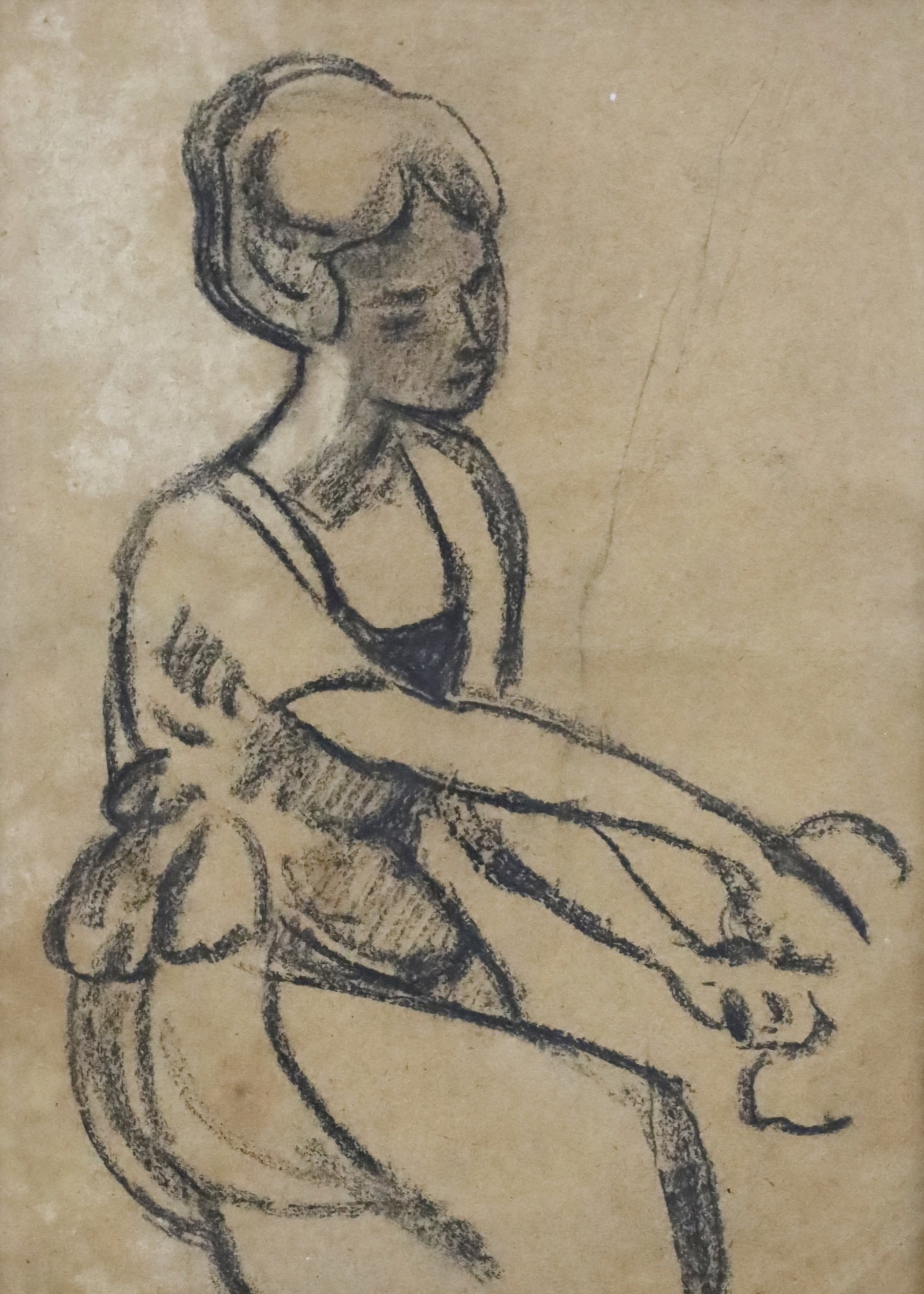 LOUIS VALTAT (FRENCH, 1869-1952) JEUNE COUTURIERE: Charcoal drawing on paper of Jeune Couturiere by Louis Valtat (French 1869-1952), apparently unsigned, mounted in frame, Wally Findlay Galleries, Palm Beach label on verso; overall 25.5"H 21.5"W visib