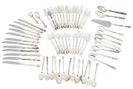 57PC STERLING, TOWLE, CARPENTER HALL , 84TOW: Fifty seven piece sterling silver flatware service, Carpenter Hall pattern by Towle, including 12 dinner knives, 12 dinner forks, 12 salad forks, 8 dinner spoons, and 13 teaspoons, 84 troy ounce weigh