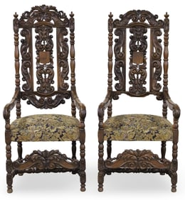 PR CHARLES II STYLE CARVED OAK ARMCHAIRS