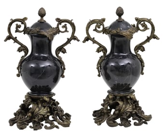 PR FRENCH STYLE BRONZE AND MARBLE CAPPED URNS