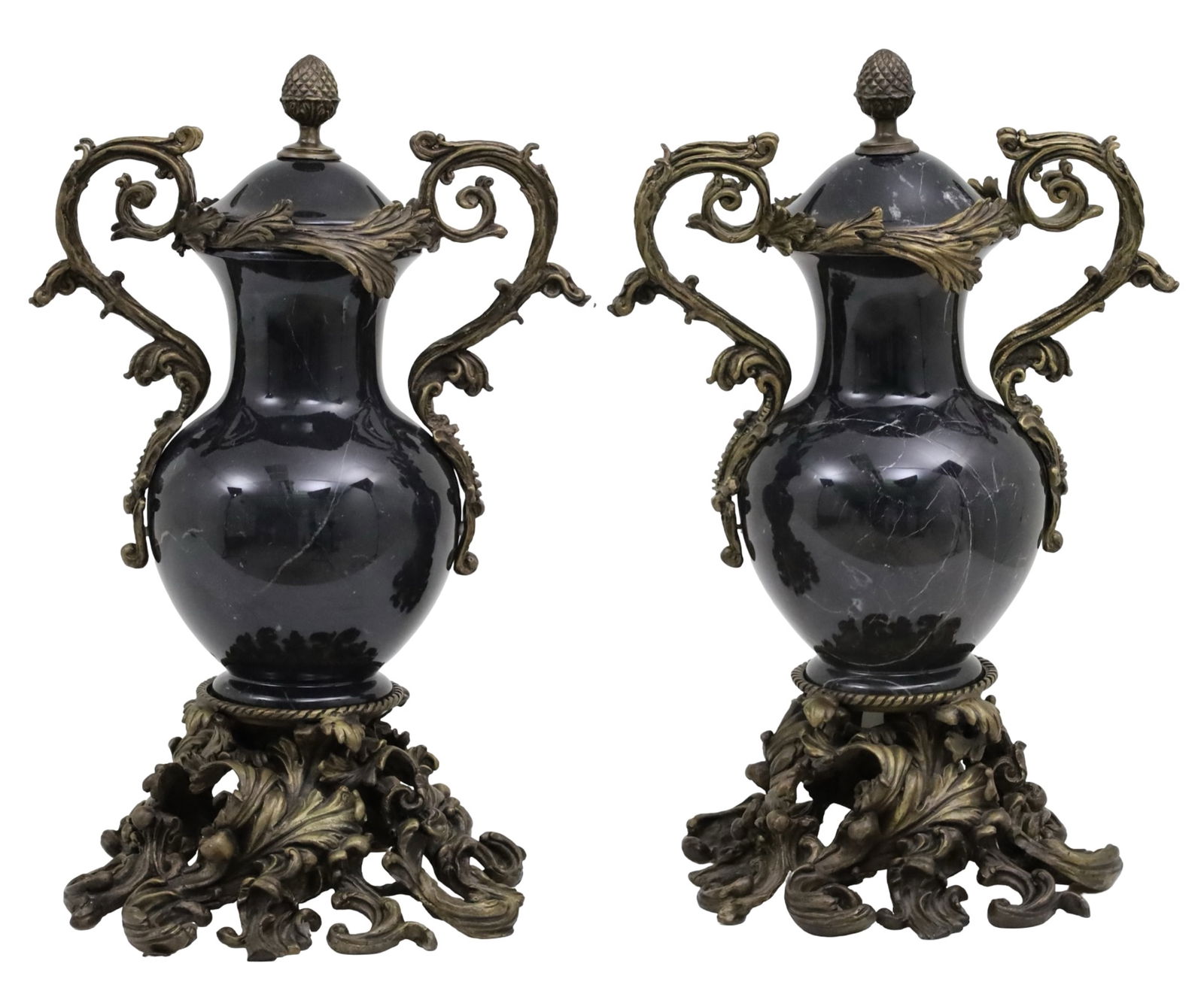 PR FRENCH STYLE BRONZE AND MARBLE CAPPED URNS (1 of 4)