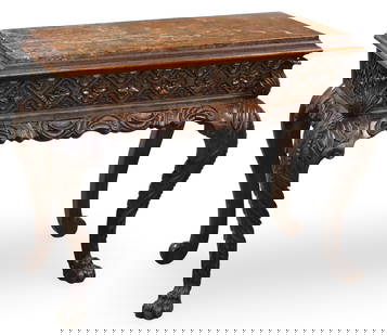 GEORGIAN STYLE MARBLE TOP CONSOLE: Georgian style marble top console table, having carved blind frieze drawer with hidden push release, foliated cabriole legs on paw feet, late 19th century; 30.5"H 39"W 19"D