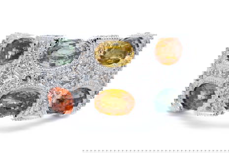 14K MULTICOLOR SAPPHIRE AND DIAMOND RING: 14k white gold ring featuring multicolor sapphires accented by natural diamonds