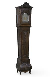 FRENCH PROVENCAL OAK LONGCASE CLOCK: French provencal oak longcase clock, carved plume pediment lowering to a tapered case, brass and pewter dial marked Cyprien Vierset, a Halliot, 1768; 96"H 18"W 15"D