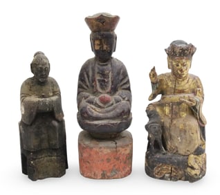 3PC CHINESE CARVED WOOD TEMPLE FIGURES, 19TH C.
