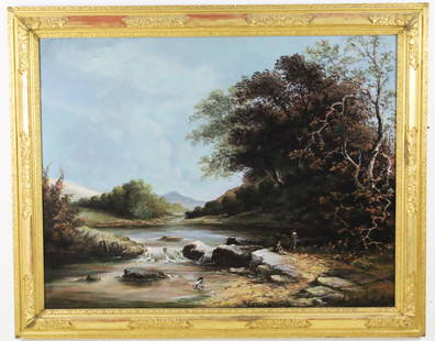 ENGLISH SCHOOL LANDSCAPE OIL ON CANVAS PTG: Large English school oil on canvas landscape depicting children and dog by a country stream, early 20th century; 49"H 60"W overall
