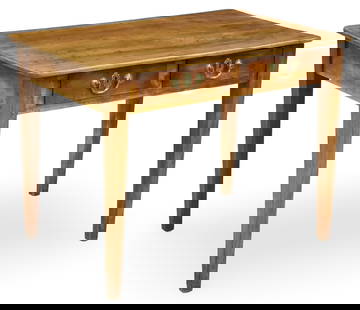 ENGLISH WALNUT WRITING TABLE, 19TH C.: English walnut writing table having two drawers, raised on taper legs, late 19th century; 29.5"H 35"W 29"D