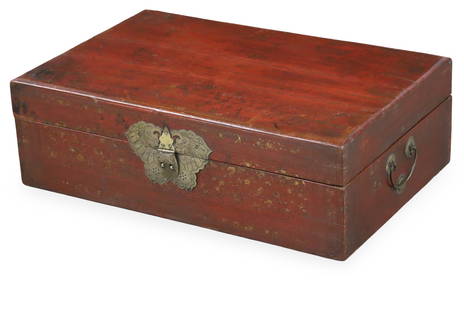 CHINESE RED LACQUER DOCUMENT BOX, LATE QING: Chinese red lacquer document box having gilt floral overlay and butterfly form brass lock plate, late Qing dynasty, circa 1900; 10"H 30"W 20"D