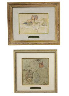 EMILE BERNARD (FRENCH, 1868-1941): Two framed ink and watercolor works on paper by Emile Bernard (French, 1868-1941), including L'Etude pour Madone Pont Aven, 1890, and Maison a Pont Aven, both signed lower right, mounted in frame unde