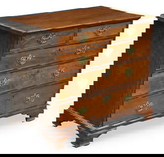 ENGLISH MAHOGANY CHEST OF DRAWERS, 19TH C.: English mahogany straight front chest, having five drawers and raised on ogee bracket feet, 19th century; 31"H 37"W 20.5"D