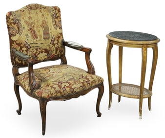 LOUIS XV STYLE FAUTEUIL AND SIDE TABLE