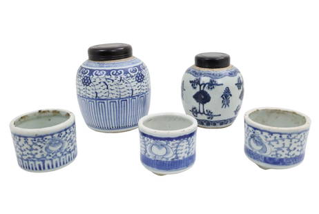 5PC LOT OF CHINESE BLUE AND WHITE PORCELAIN: Five piece lot of Chinese blue and white porcelain, consisting of two melon jars, one with double ring mark underglaze on reverse, export certificates on file, along with three footed censer bowls, la