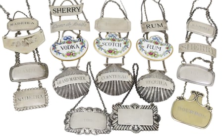 21 STERLING LIQOUR BOTTLE LABELS INCL. TIFFANY