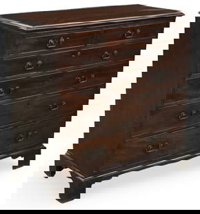 ENGLISH MAHOGANY CHEST OF DRAWERS, 19TH C.: English mahogany chest, having two upper drawers above three lower drawers, original pulls, 19th century; 42"H 43"W 21"D