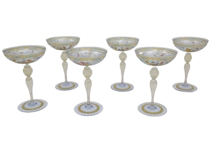 6 HAND PTD VENETIAN GLASS CHAMPAGNE COUPES