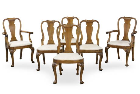 6 QUEEN ANNE STYLE DINING CHAIRS: Set of six Queen Anne style dining chairs, consisting of a pair of armchairs and four side chairs, having splat backs raised on cabriole legs with shell carved knees, late 19th century; armchair 39.5"