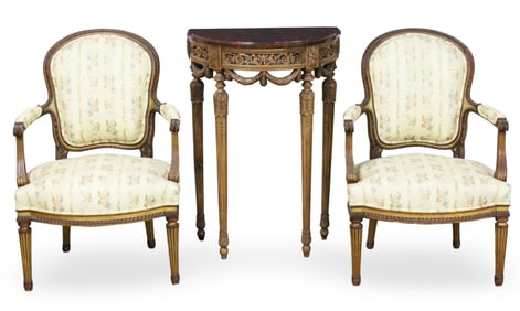 PR LOUIS XVI STYLE ARMCHAIRS AND M/T CONSOLE
