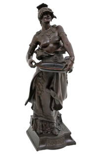 MARCEL DEBUT (FRENCH, 1865-1933): French bronze sculpture of a partially clad woman holding a platter, a model by Marcel Debut (French, 1865-1933) signed on base and titled "Fatma" on embossed base plaque; 31.5"H 9.75"W 9"D
