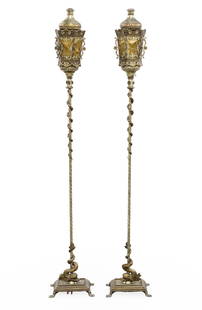 PR VENETIAN BRASS AND METAL TORCHIERE FLOOR LAMPS: Pair of Venetian brass and metal torchiere floor lamps, decorated lanterns supported by braided rope columns with dolphin surmounts, electrified, early 20th century; each 73"H