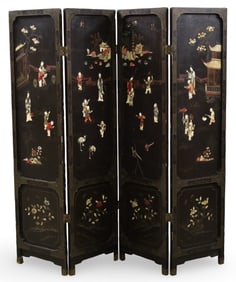 CHINESE BLACK LACQUER 4 PANEL SCREEN