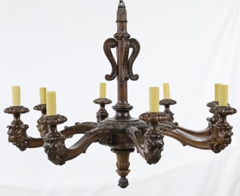 FRENCH 8 LIGHT CARVED WOOD CHANDELIER